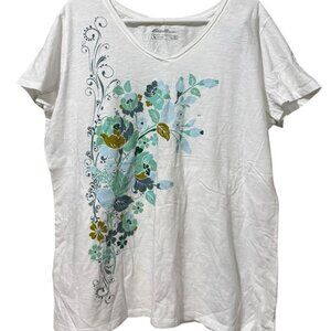 Eddie Bauer Women Size 2XL White Floral Outdoor T Shirt V Neck Cotton Preppy NWT